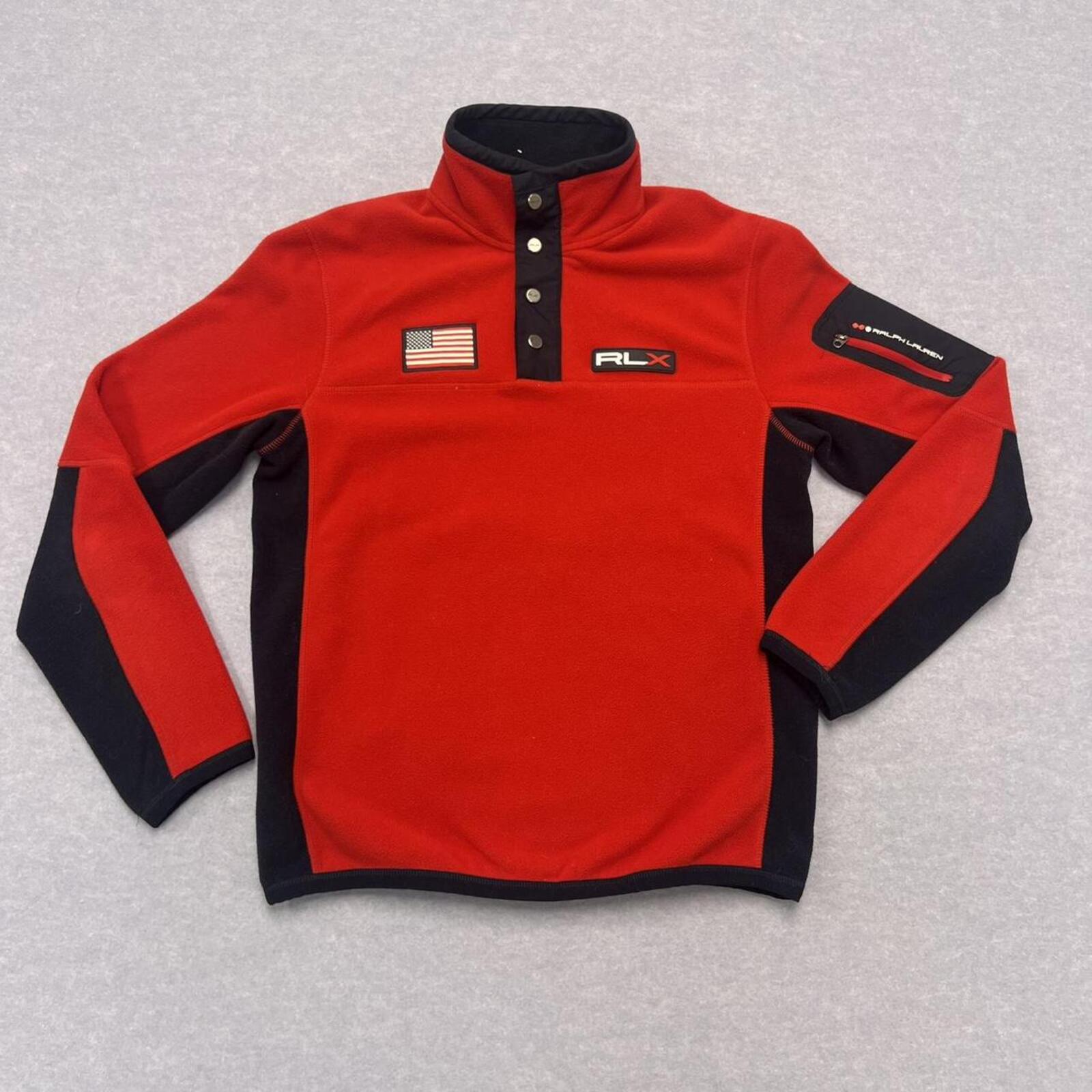 RLX Ralph Lauren Men's Red & Navy Fleece 1/4 Snap Pullover USA Flag Jumper Small