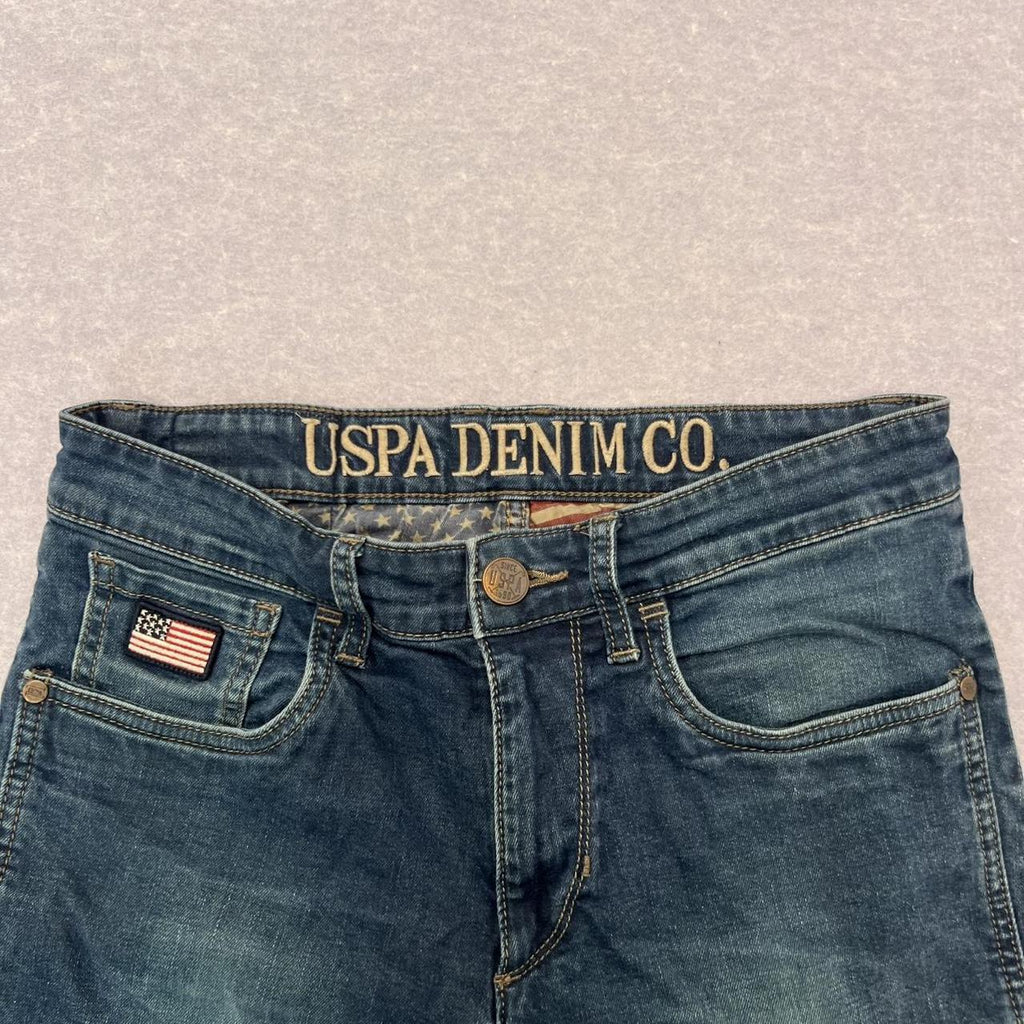 Vintage U.S. Polo Assn Skinny Fit Blue Denim Jeans USA Flag Pocket Logo W29 L32
