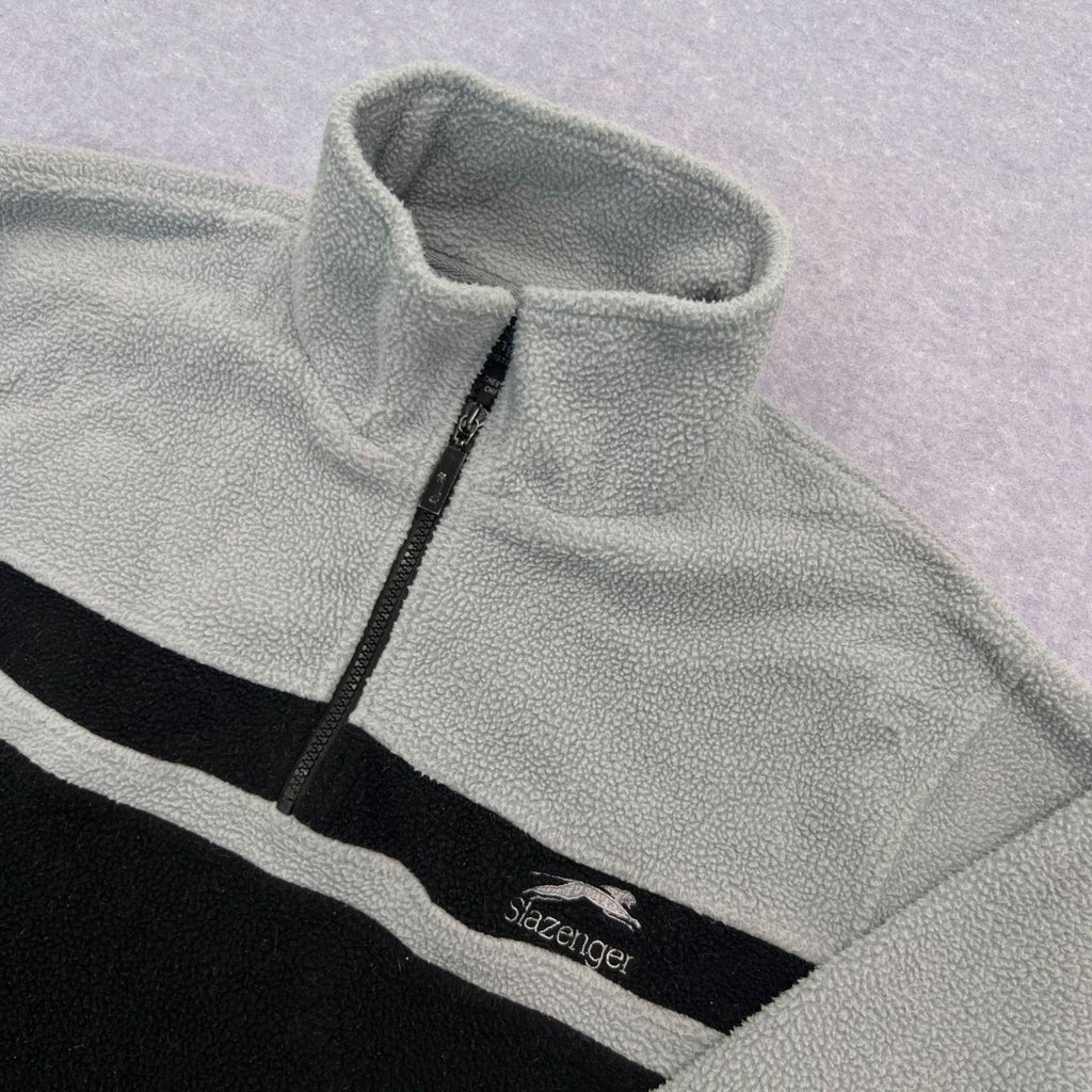 Vintage 1990s Slazenger Grey & Black 1/4 Zip Fleece Jumper Oversized Small