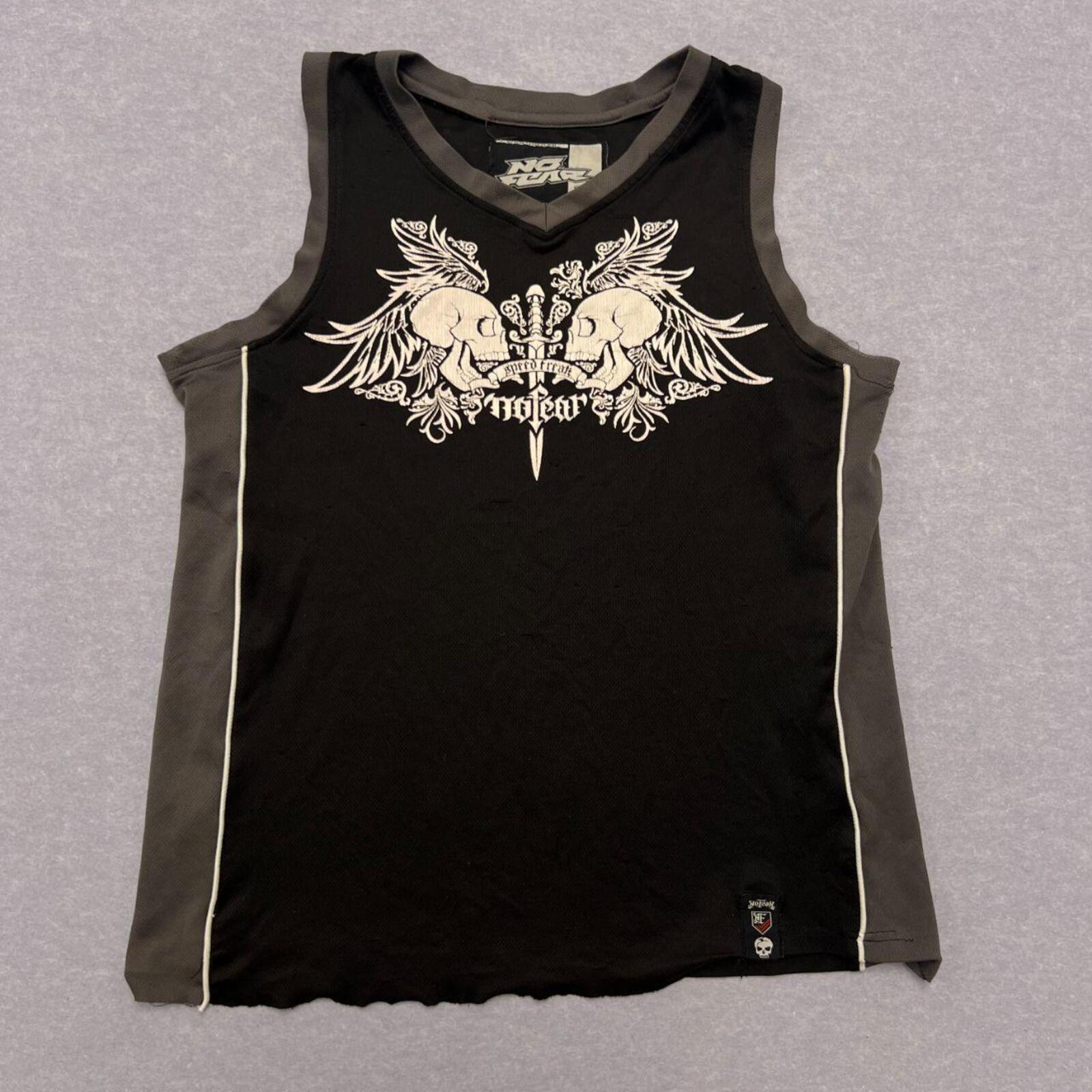 Vintage No Fear Men's Black & White Skull Wing Graphic Y2K Skater Singlet XL (Fits Like a Large)