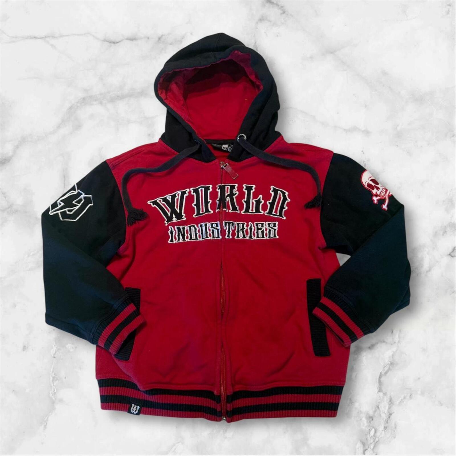Vintage World Industries Skateboarding Red & Black Spell Out Embroidered Skull Hoodie Youth Boys Size 9