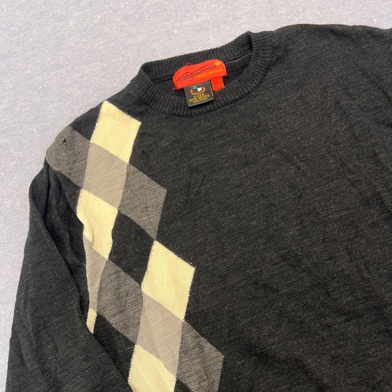 Vintage Peter Jackson Pure New Wool Black & Grey Argyle Diamond Knit Sweater Large