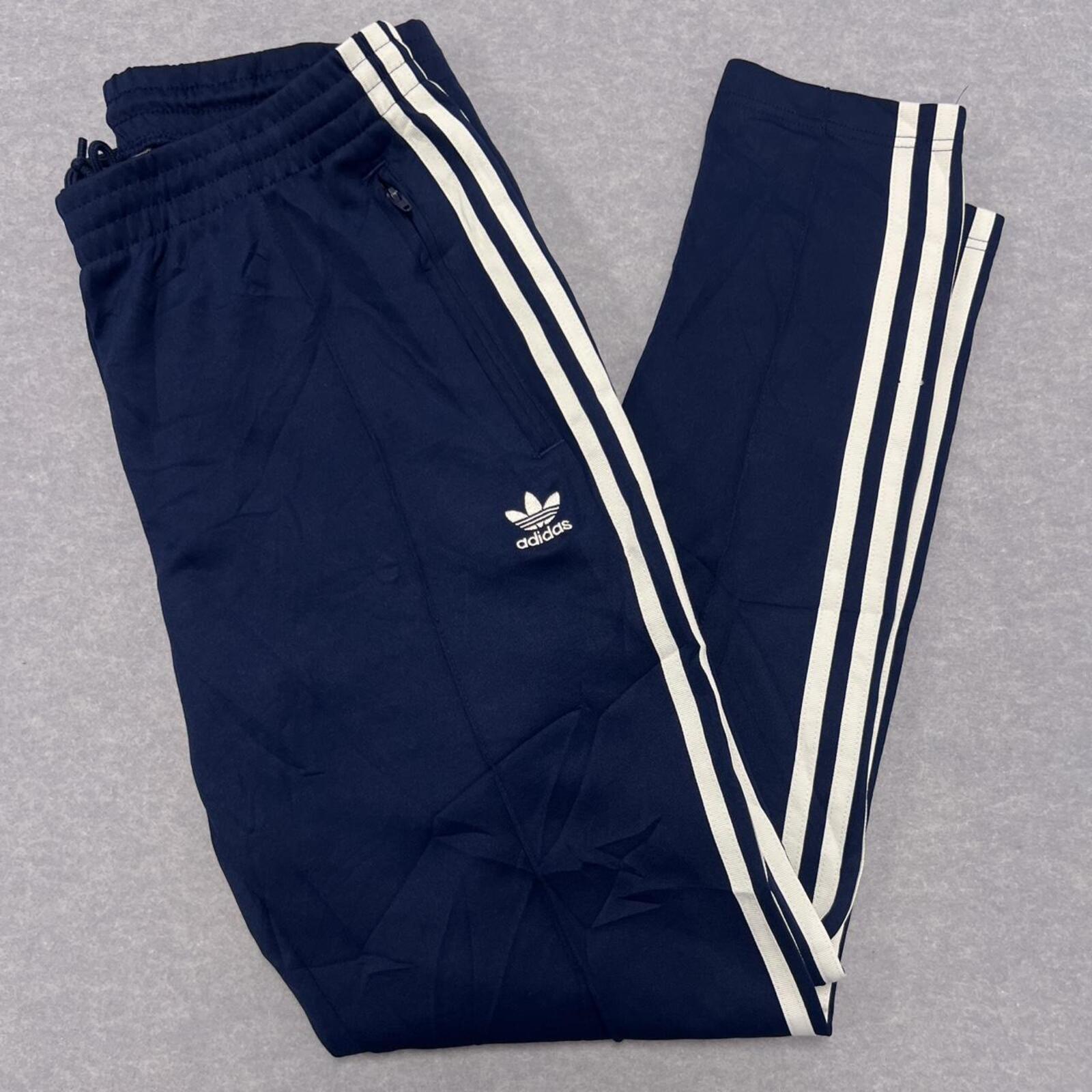 Vintage Adidas Originals Men's Navy & White Stripe Tapered Track Pants Medium