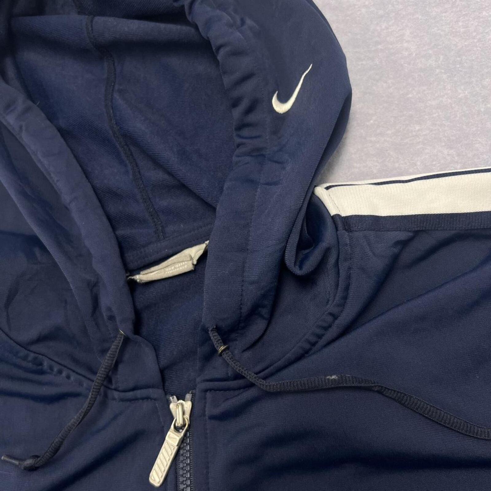 Vintage 2003 Nike Spell Out Men's Navy & White Striped Full Zip Hooded Track Jacket XL