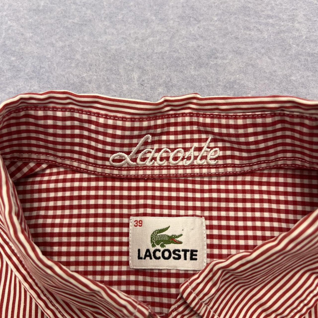 Vintage 90’s Lacoste Men's Red & White Striped Long Sleeve Button Up Shirt Preppy Size 39 / Medium