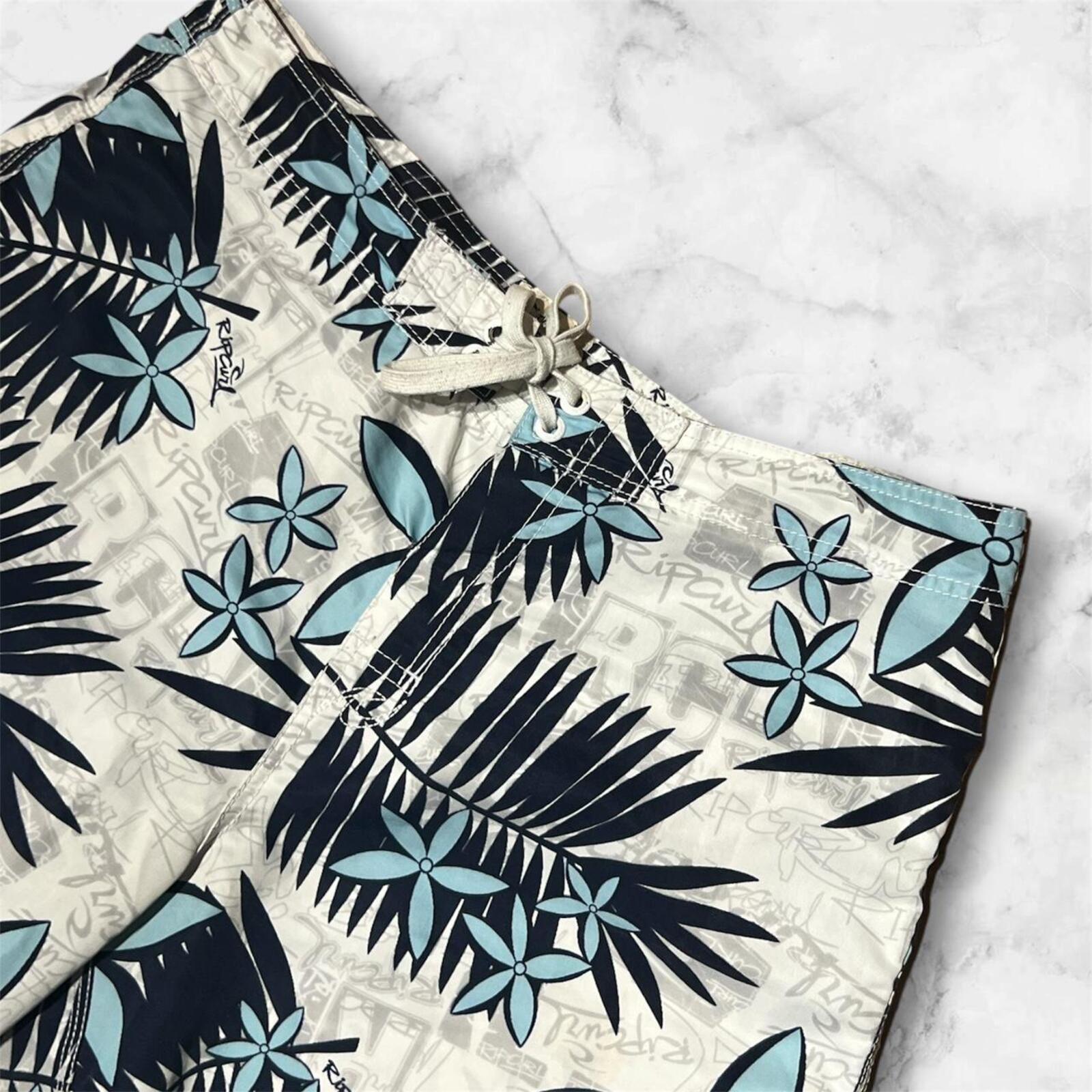 Vintage Rip Curl Surf White, Blue & Black Floral Board Shorts Y2K Men’s 36”