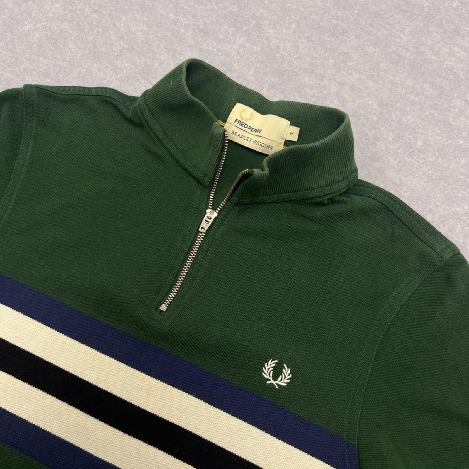 Fred Perry x Bradley Wiggins Cycling Green Striped 1/4 Zip  Polo Mens Medium