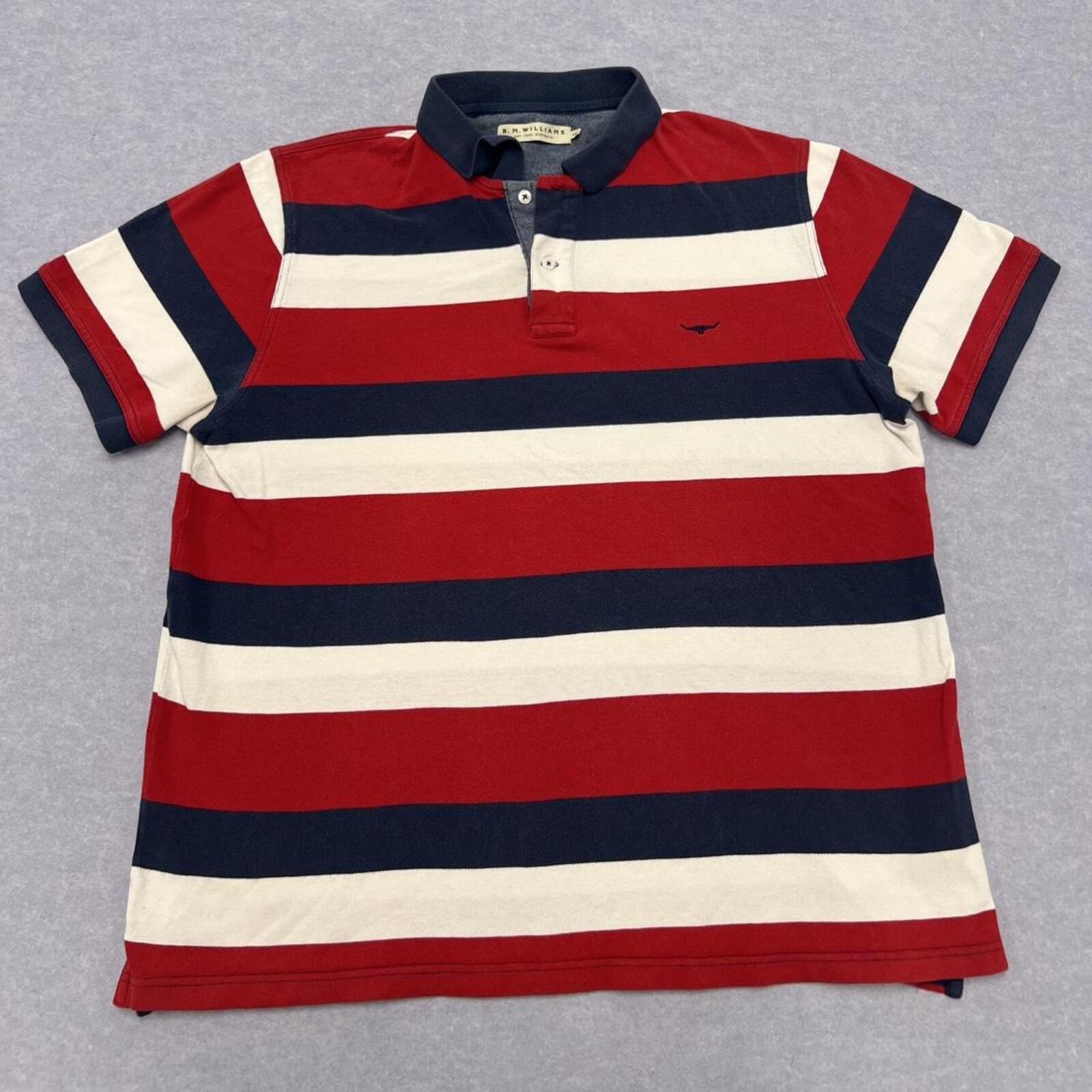 Vintage RM Williams Men’s Red, Navy & White Striped Dress Polo Preppy XXL