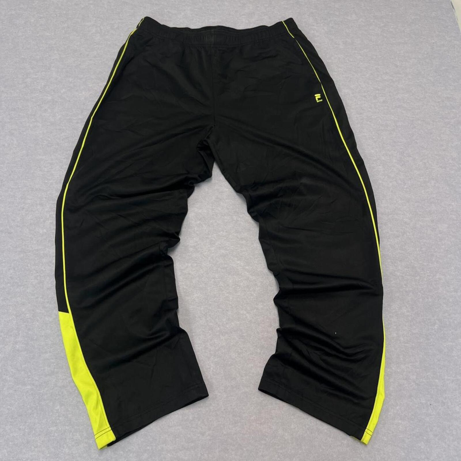 Vintage Fila Sport Men's Black & Neon Yellow Piping Baggy Track Pants Large