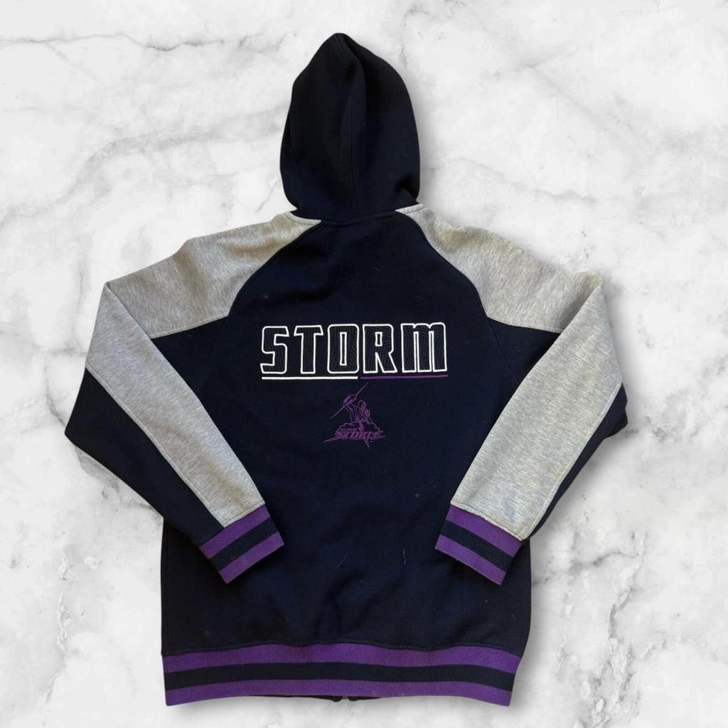 Vintage 2004 Melbourne Storm Men’s Grey & Purple Spell Out Supporter Y2K Full Zip Hoodie Small