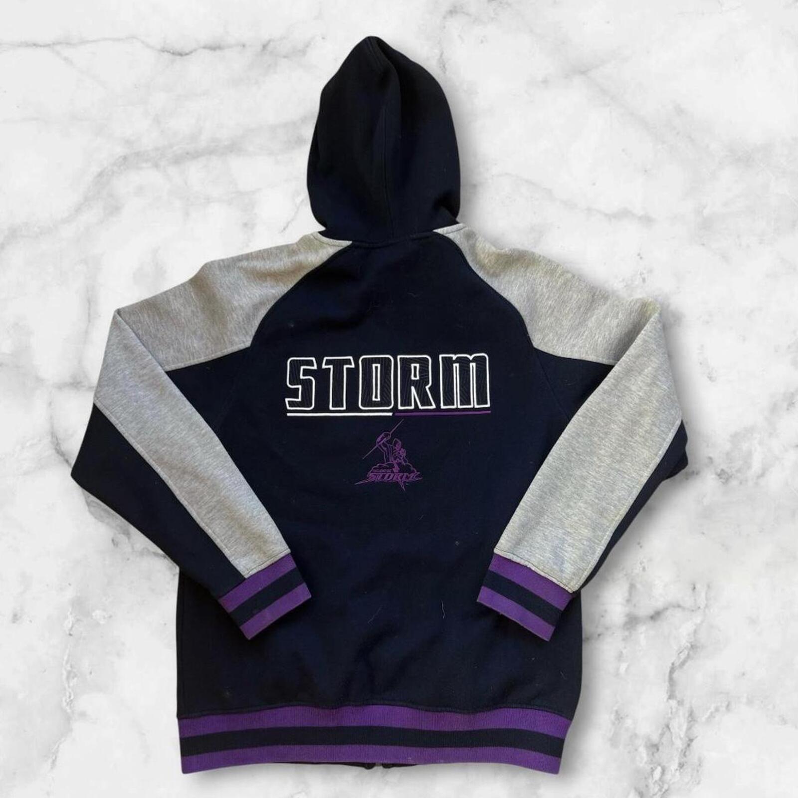 Vintage 2004 Melbourne Storm Men’s Grey & Purple Spell Out Supporter Y2K Full Zip Hoodie Small
