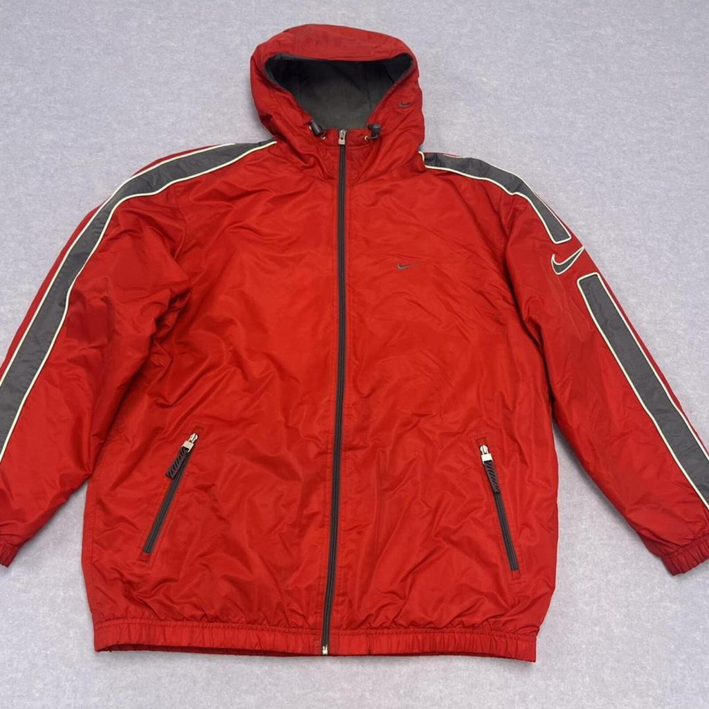 Vintage 2001 Nike Men's Red Fleece Lined Hooded Heavyweight Puffer Jacket Y2K XL