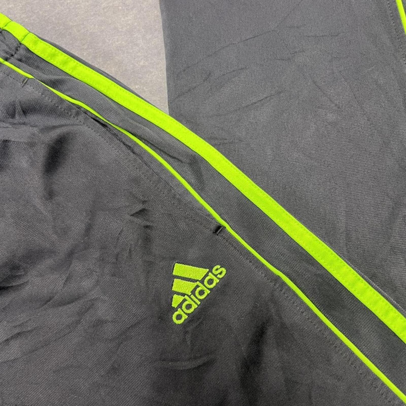Vintage Adidas Men's Metallic Grey & Neon Green Striped Baggy Track Pants Medium