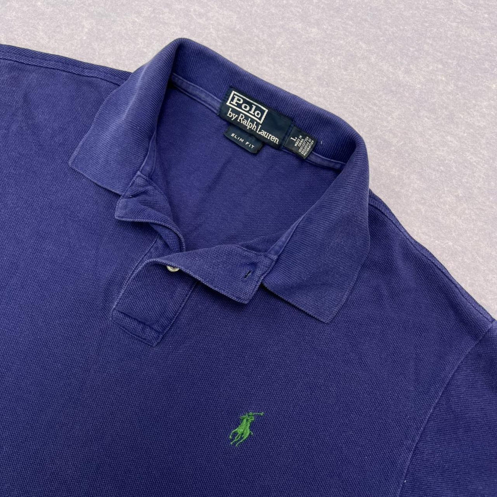 Vintage Polo Ralph Lauren Navy Blue Polo Shirt Green Pony Preppy Men’s Slim Fit Large