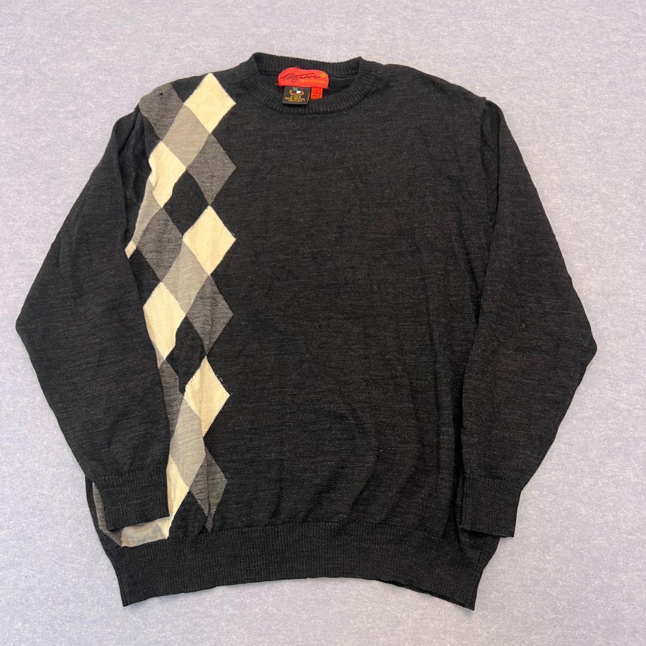 Vintage Peter Jackson Pure New Wool Black & Grey Argyle Diamond Knit Sweater Large