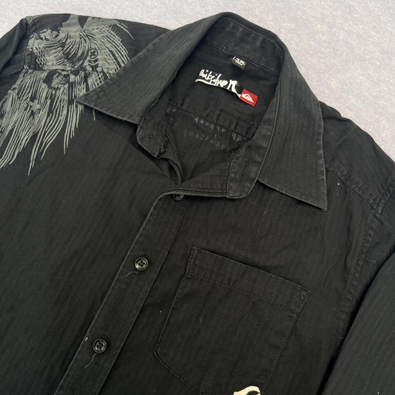 Vintage Quiksilver Surf Black Pinstripe L/S Shirt Skull Graphic Youth Boys 10
