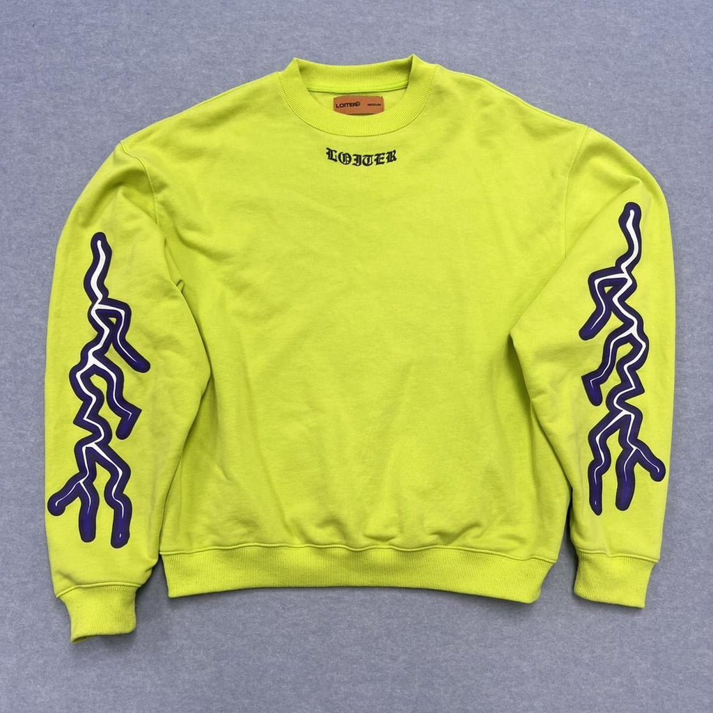 Loiter Culture Kings Streetwear Mens Neon Green Yellow Lightning Bolt Graphic Sweatshirt Medium
