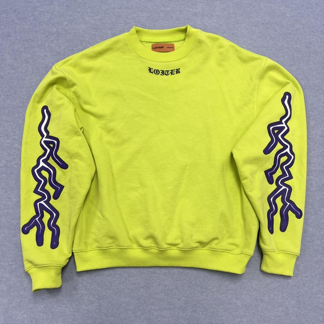 Loiter Culture Kings Streetwear Mens Neon Green Yellow Lightning Bolt Graphic Sweatshirt Medium