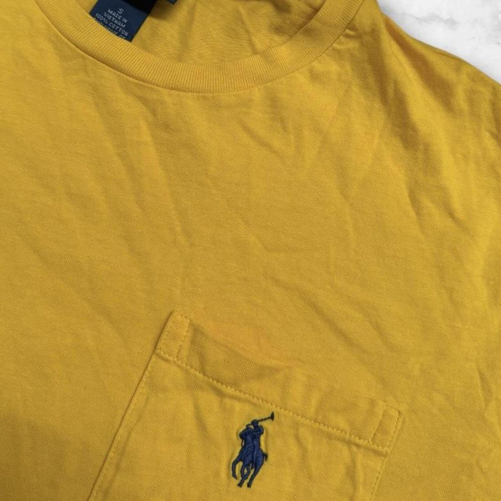 Vintage 1990’s Polo Ralph Lauren Men’s Mustard Yellow Pocket Tee (Navy Pony) T-shirt Small