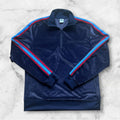 Vintage Old Navy Men’s Blue & Red Striped Felt Like Track Jacket Y2K Large