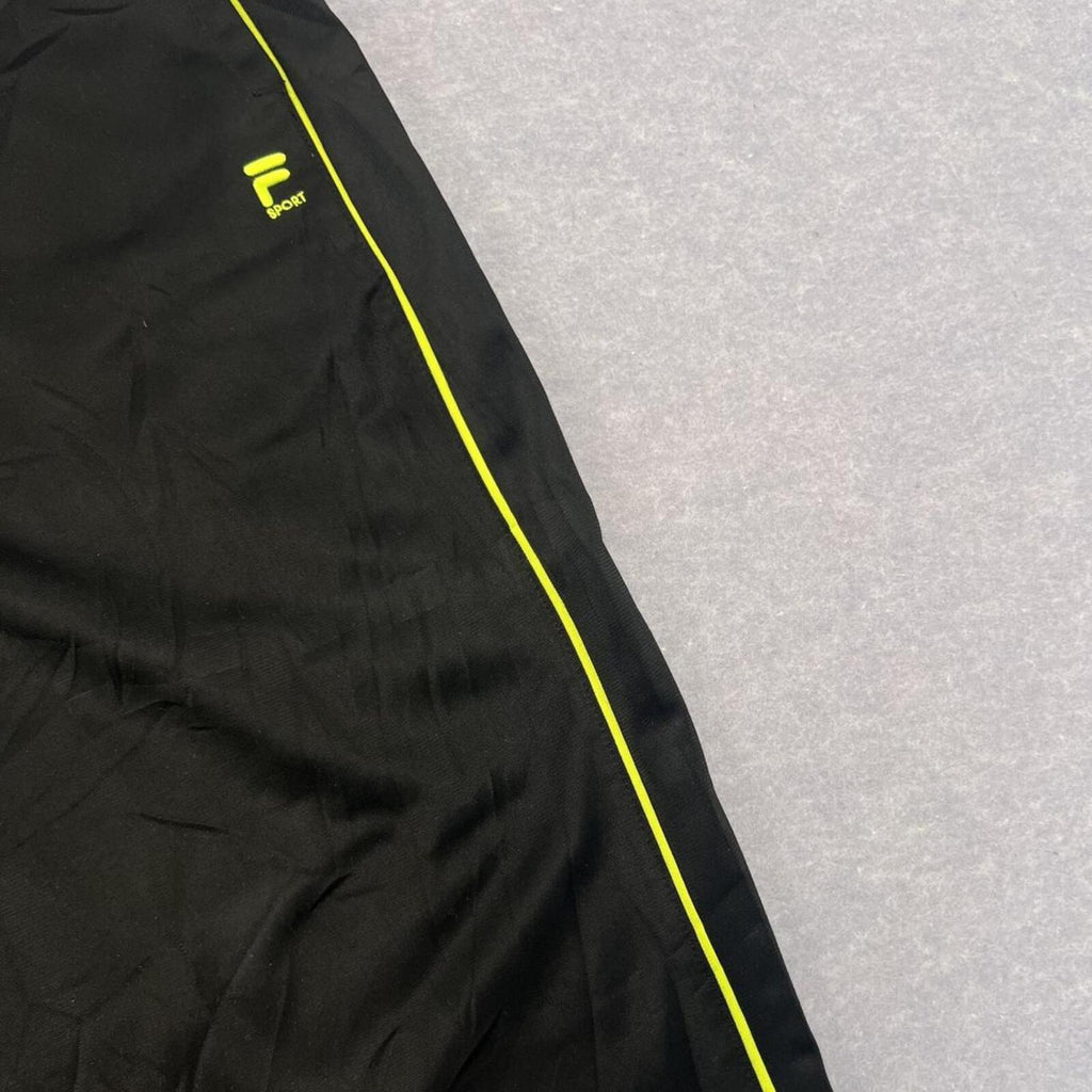 Vintage Fila Sport Men's Black & Neon Yellow Piping Baggy Track Pants Large
