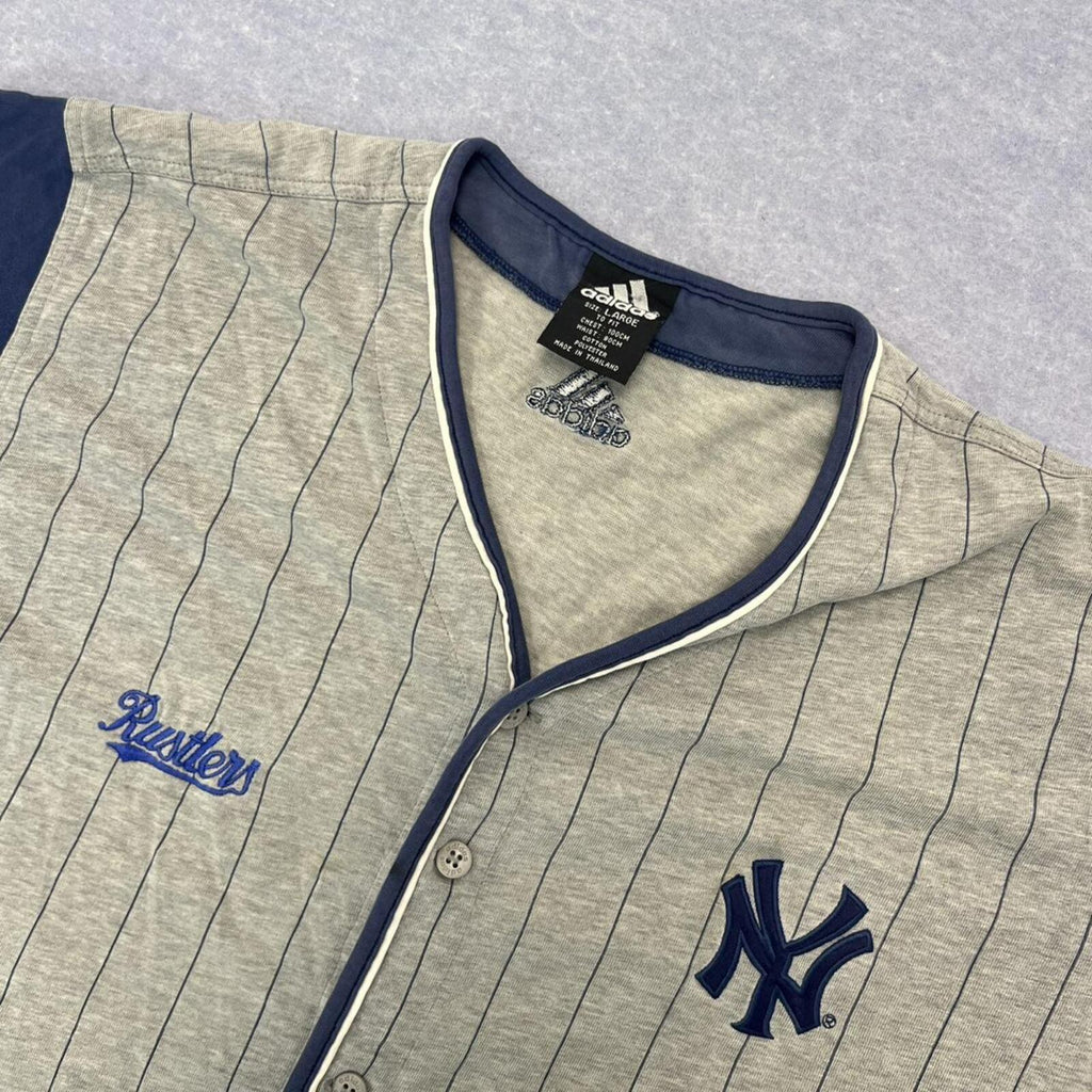 Vintage 2000 Adidas New York Yankees Grey Striped Button Up Baseball Jersey L.