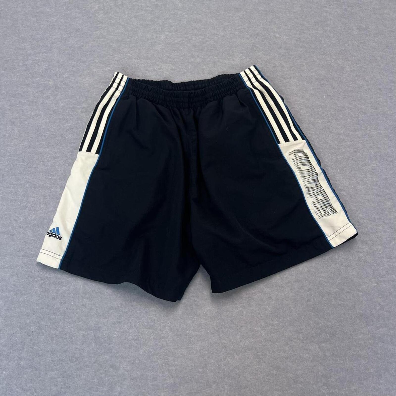 Vintage Adidas Men’s Navy Blue & White Spell Out Embroidered Y2K Sports Shorts Large