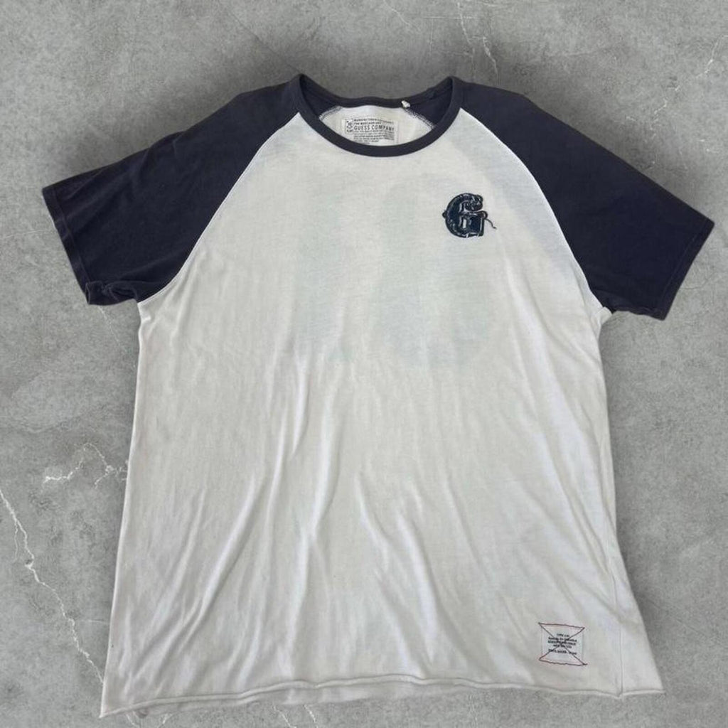 Vintage Guess Mens Navy & White No.81 Jersey T-Shirt Embroidered Logo Y2K Streetwear Size XL