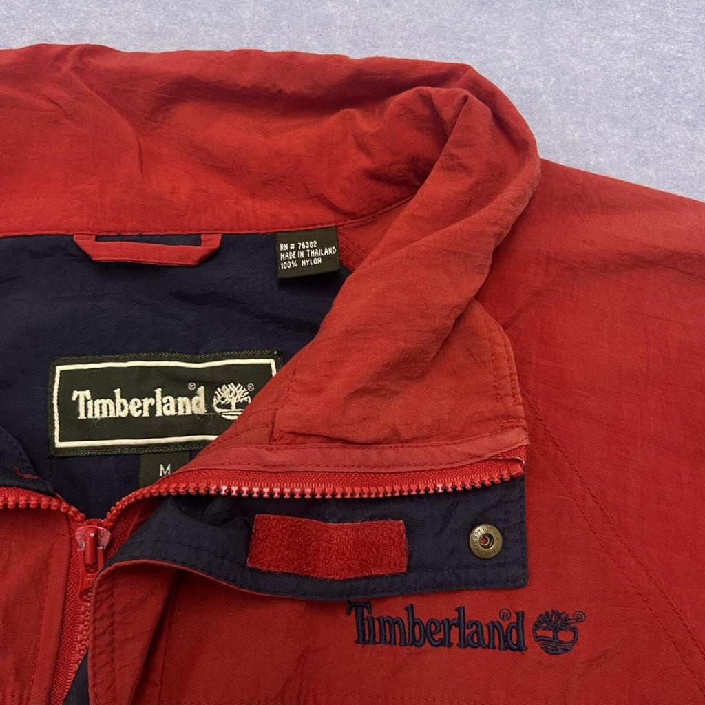 Vintage 90’s Timberland Men's Red Nylon Windbreaker Utility Jacket Medium