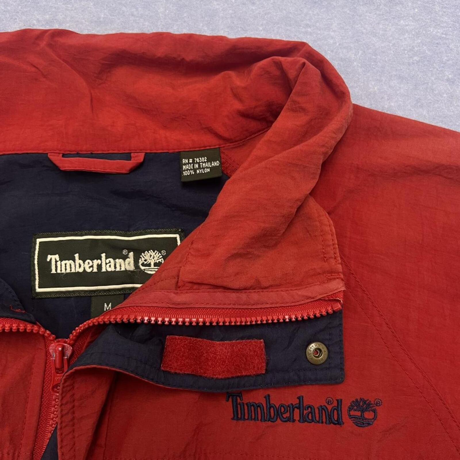 Vintage 90’s Timberland Men's Red Nylon Windbreaker Utility Jacket Medium