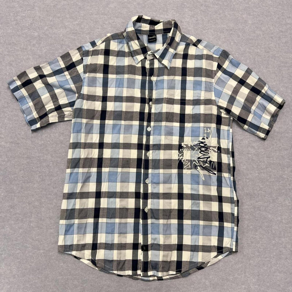 Vintage Rip Curl Men's Blue Grey Check Short Sleeve Shirt Medium Surf Y2K