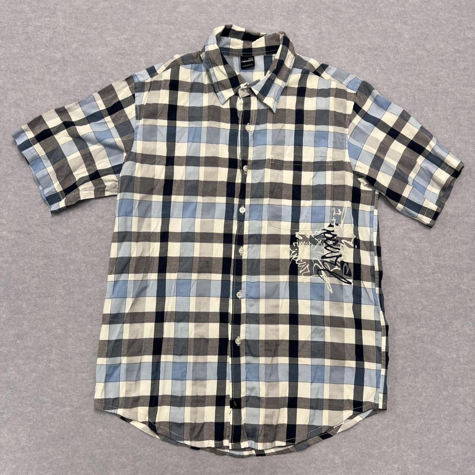 Vintage Rip Curl Men's Blue Grey Check Short Sleeve Shirt Medium Surf Y2K