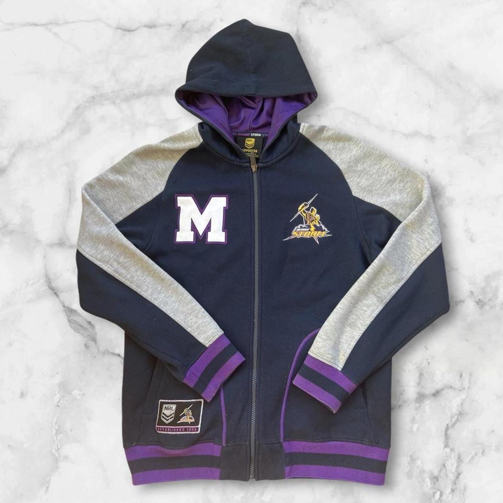 Vintage 2004 Melbourne Storm Men’s Grey & Purple Spell Out Supporter Y2K Full Zip Hoodie Small