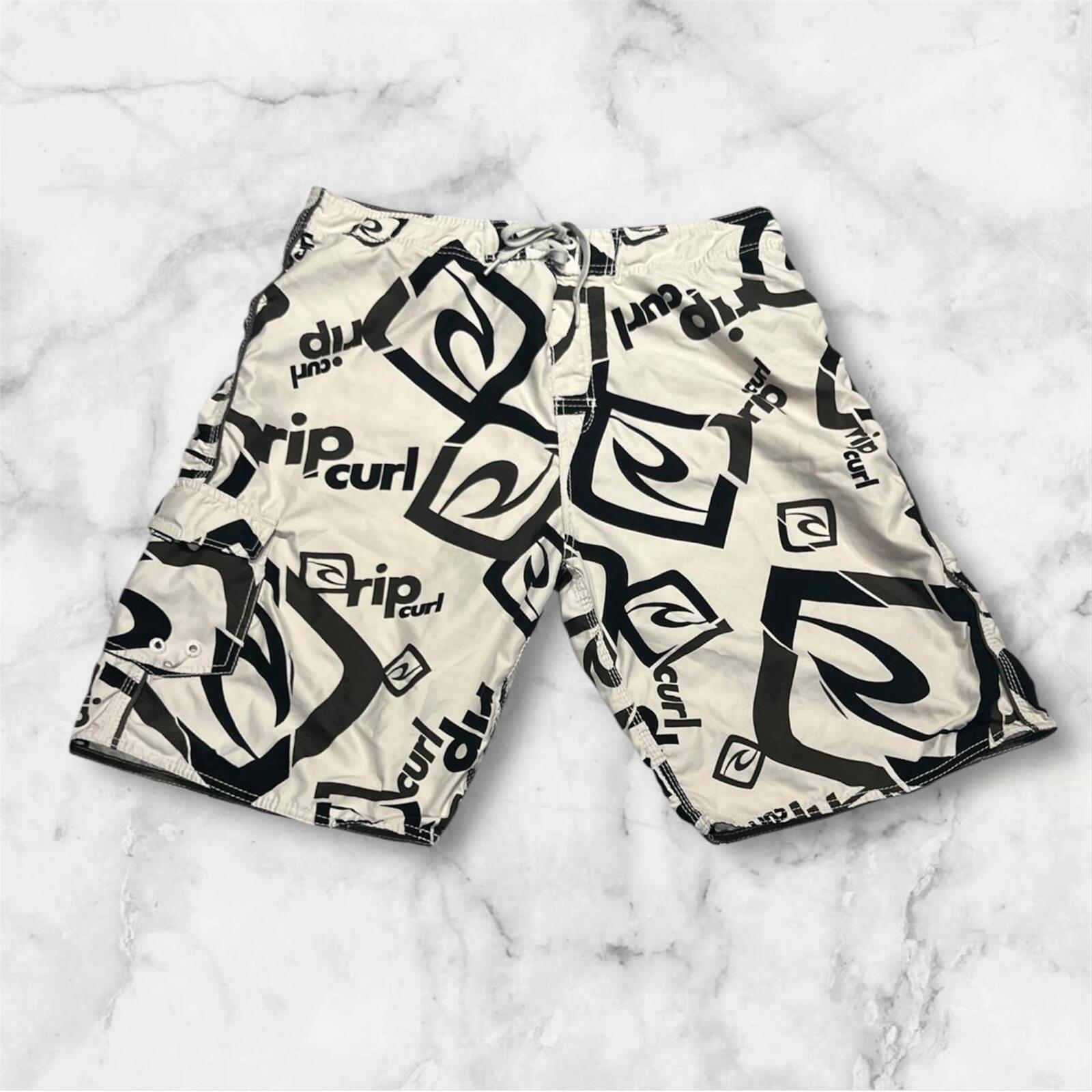 Vintage Rip Curl Surf Men’s Black & White AOP Logo BoardShorts Y2K Size 38”
