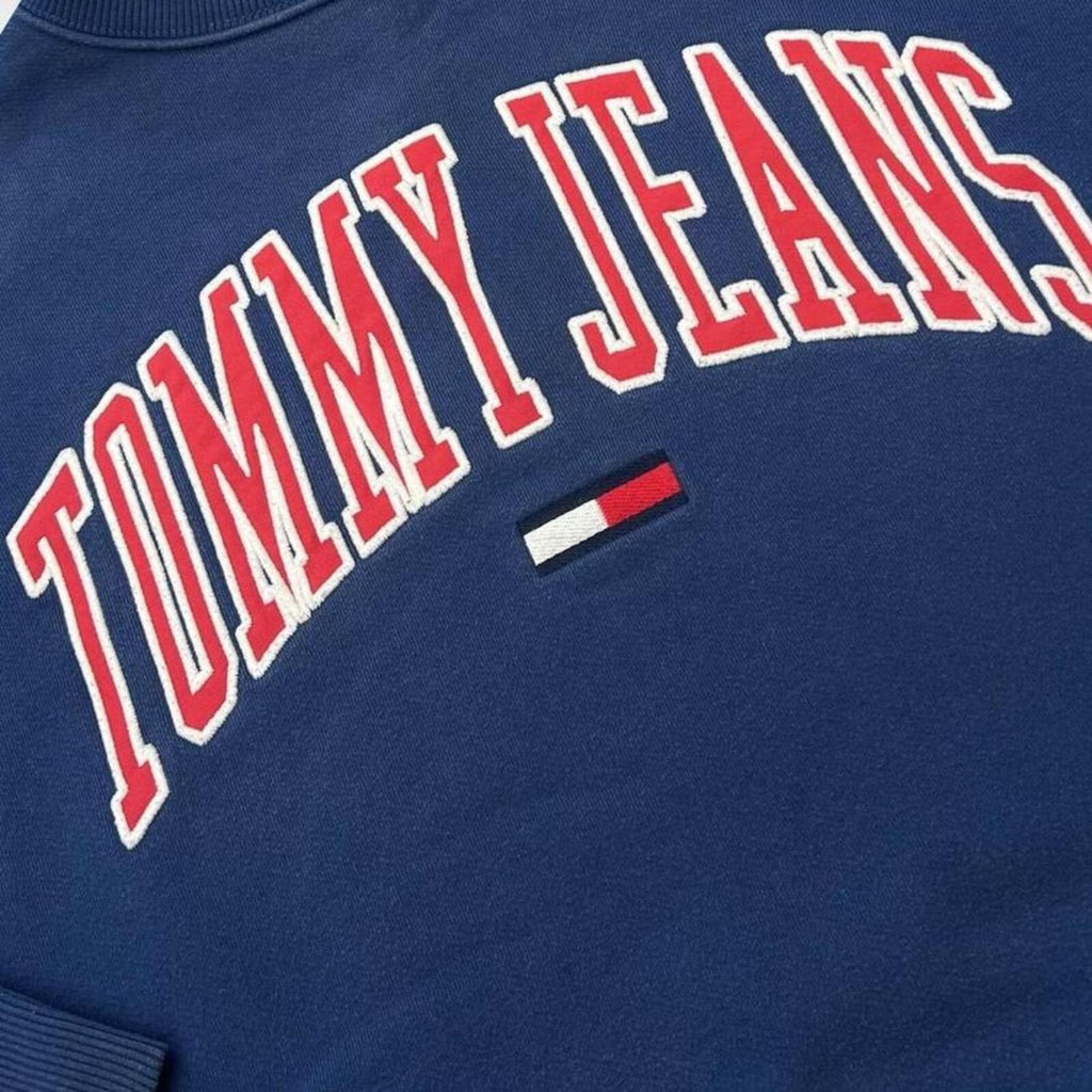 Vintage Tommy Hilfiger Tommy Jeans Men's Navy Blue & Red Spell-Out Logo Sweatshirt Medium