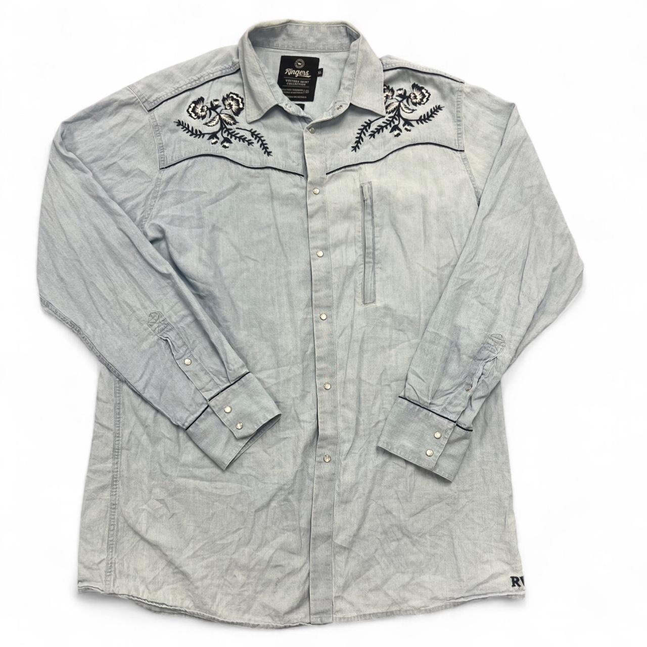 Vintage Ringers Western Light Baby Blue Embroidered Floral Pearl Snap Shirt XL