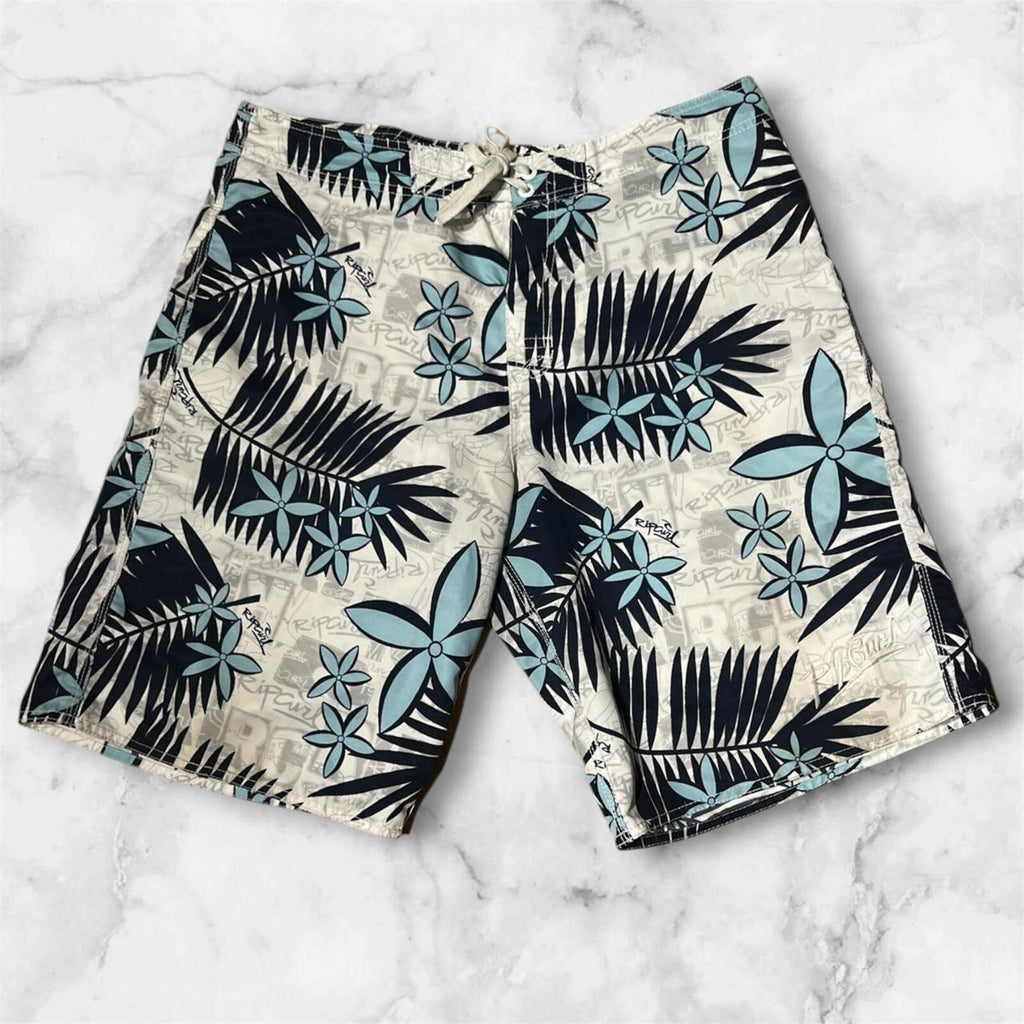 Vintage Rip Curl Surf White, Blue & Black Floral Board Shorts Y2K Men’s 36”