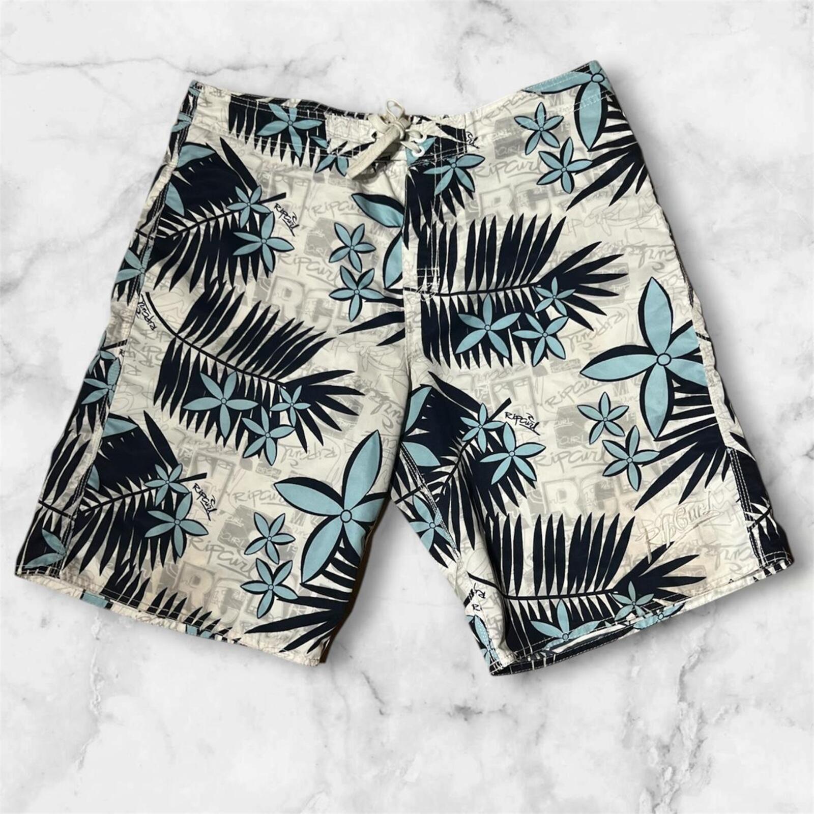 Vintage Rip Curl Surf White, Blue & Black Floral Board Shorts Y2K Men’s 36”