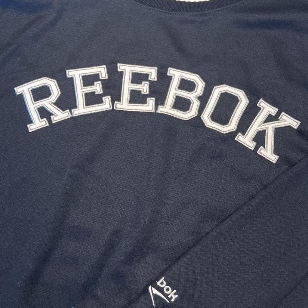 Vintage Reebok Men’s Navy Blue & Silver Spell Put Retro Sweatshirt Large