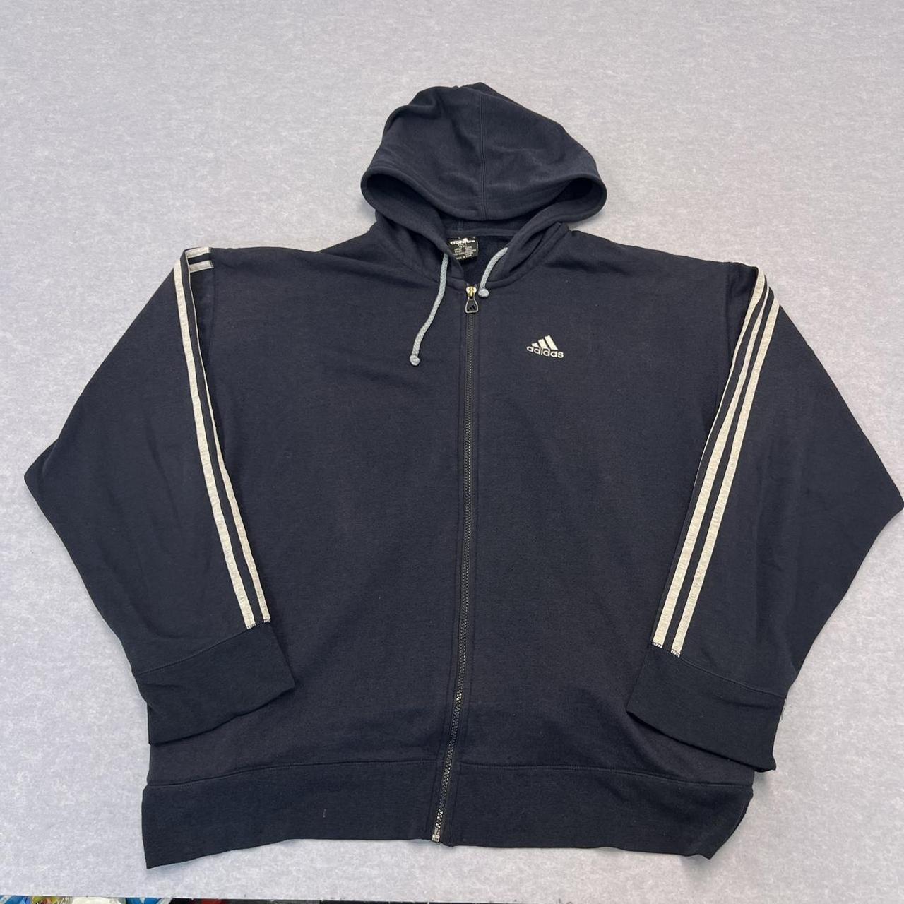 Vintage 2001 Adidas Navy Blue & White Striped Full Zip Hoodie Y2K Streetwear Large