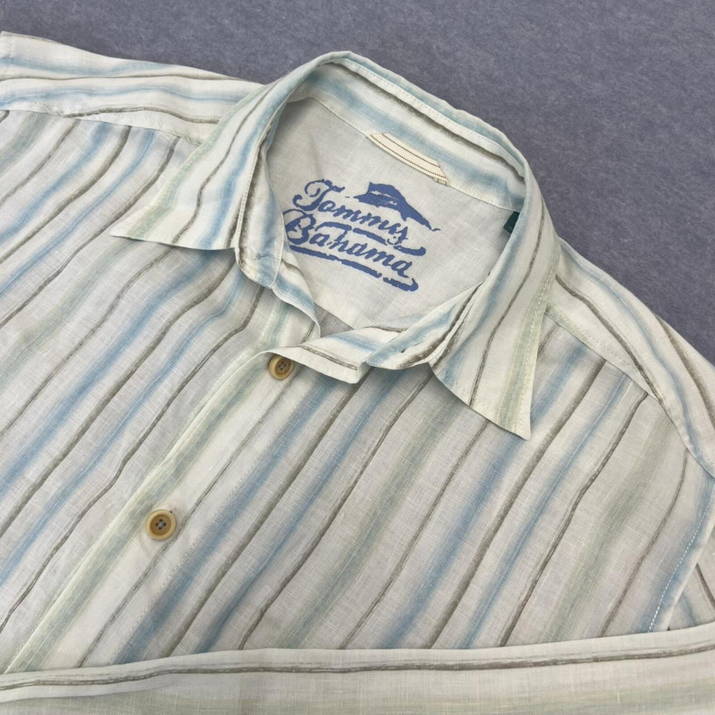Tommy Bahama Men's 100% Linen Blue White & Green Striped Relax L/S Shirt Medium