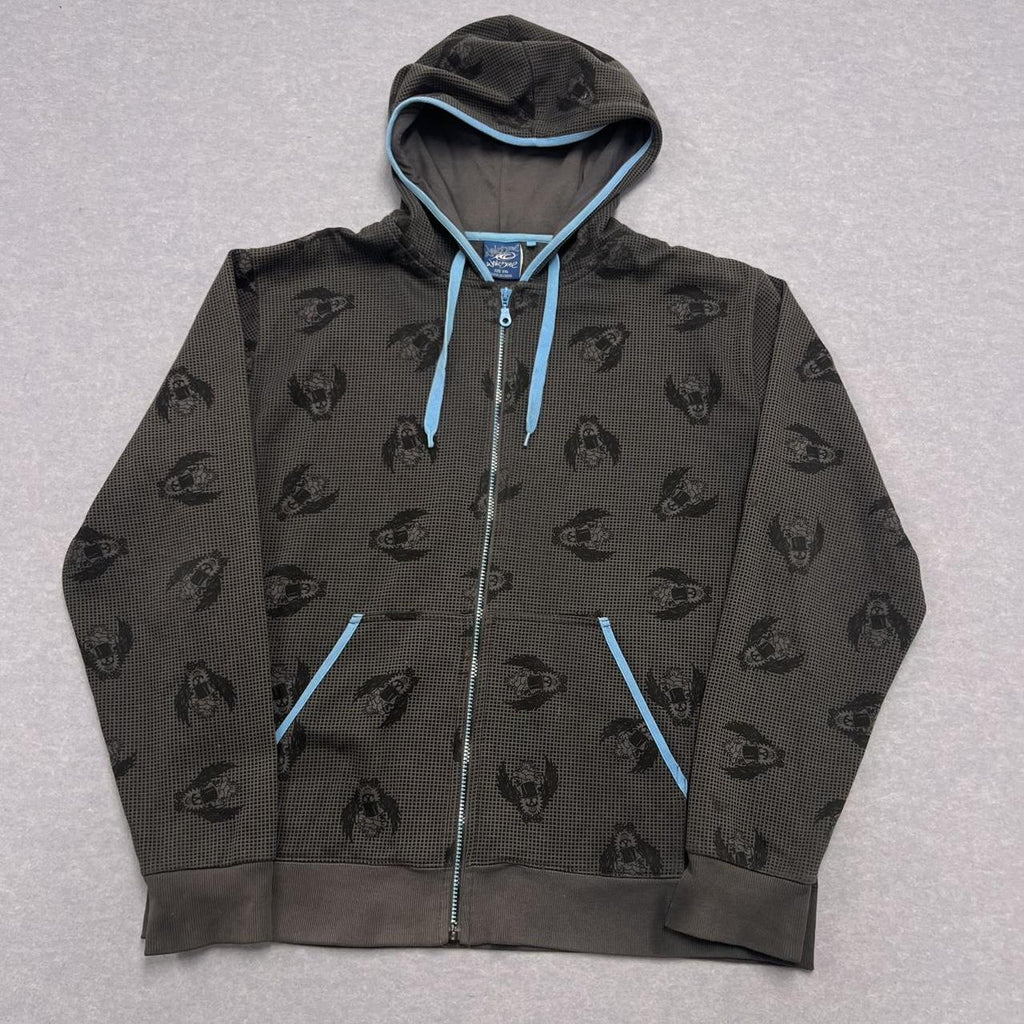 Vintage Wave Zone Surf Grey Skull Graphic AOP Full Zip Hoodie Y2K Mens XXL