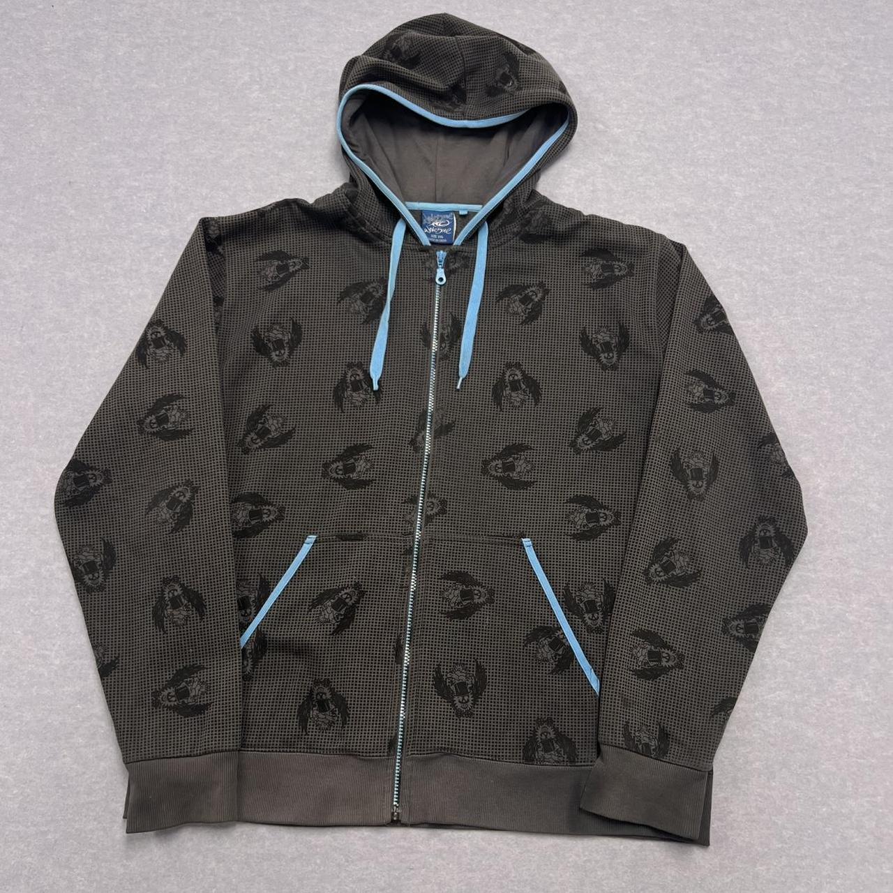 Vintage Wave Zone Surf Grey Skull Graphic AOP Full Zip Hoodie Y2K Mens XXL