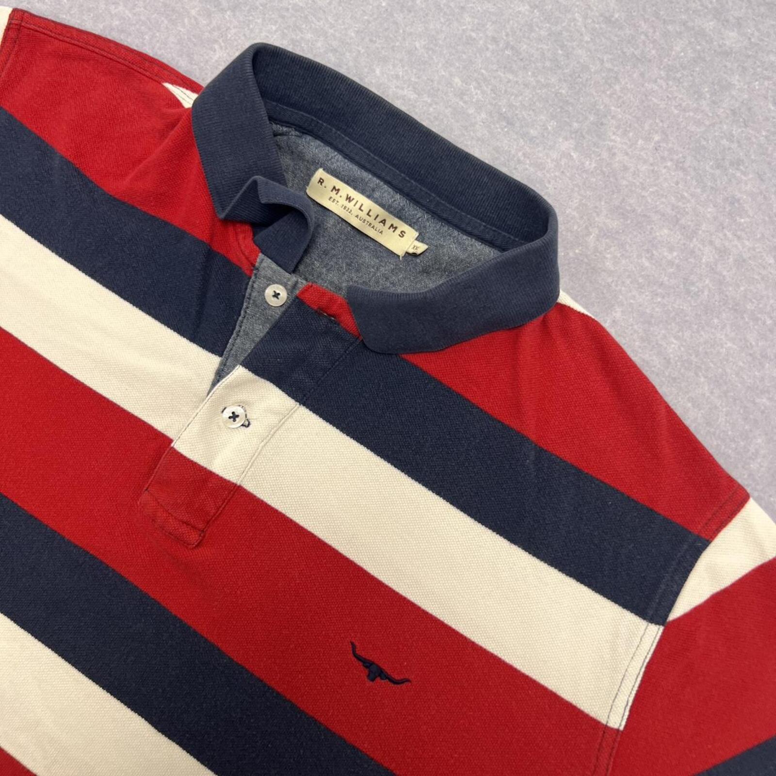 Vintage RM Williams Men’s Red, Navy & White Striped Dress Polo Preppy XXL