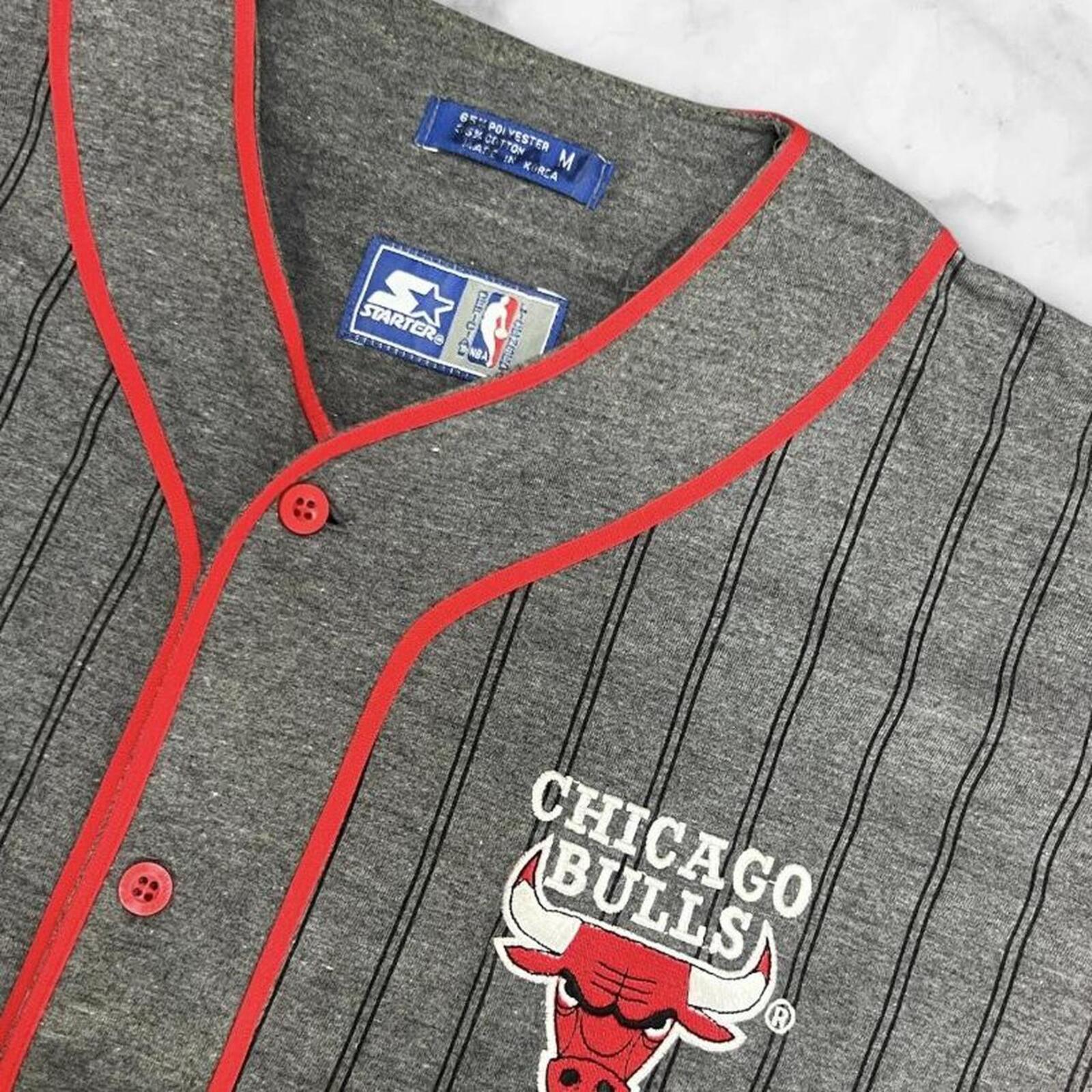 Vintage 90s Starter Chicago Bulls Grey & Red Pinstripe Baseball Style NBA Button Up Jersey Men’s medium.