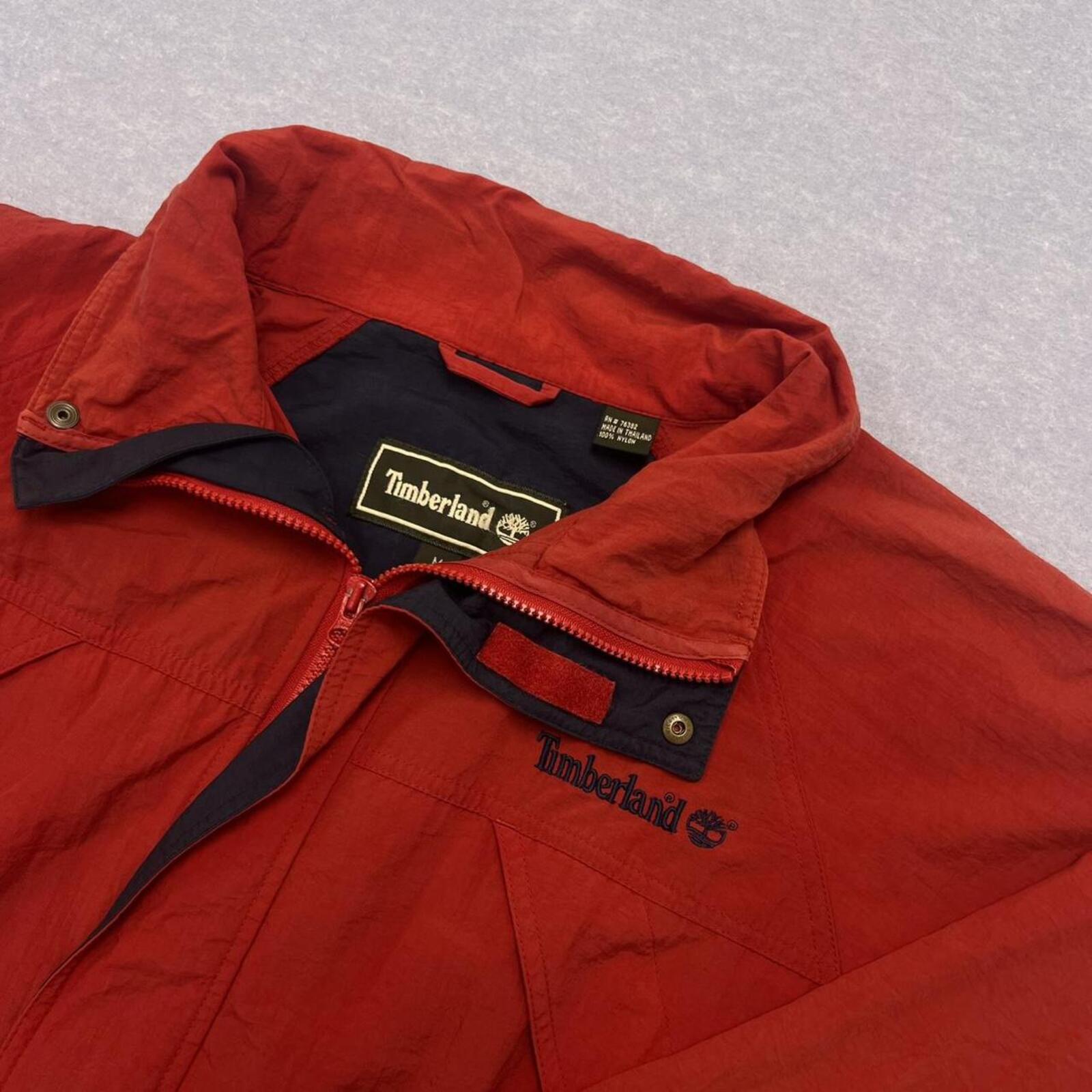 Vintage 90’s Timberland Men's Red Nylon Windbreaker Utility Jacket Medium