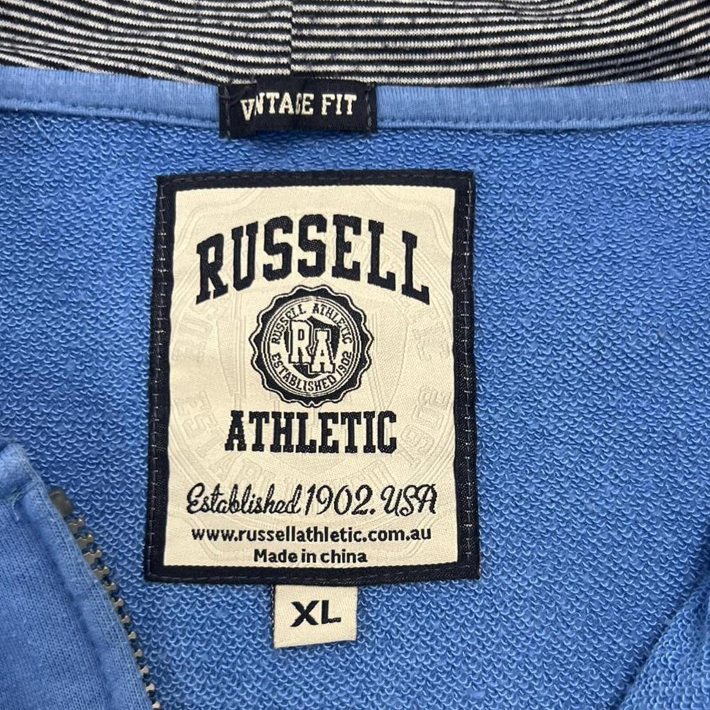Vintage Russell Athletic Men's Blue & Black Spell Out Patch Full Zip Hoodie XL