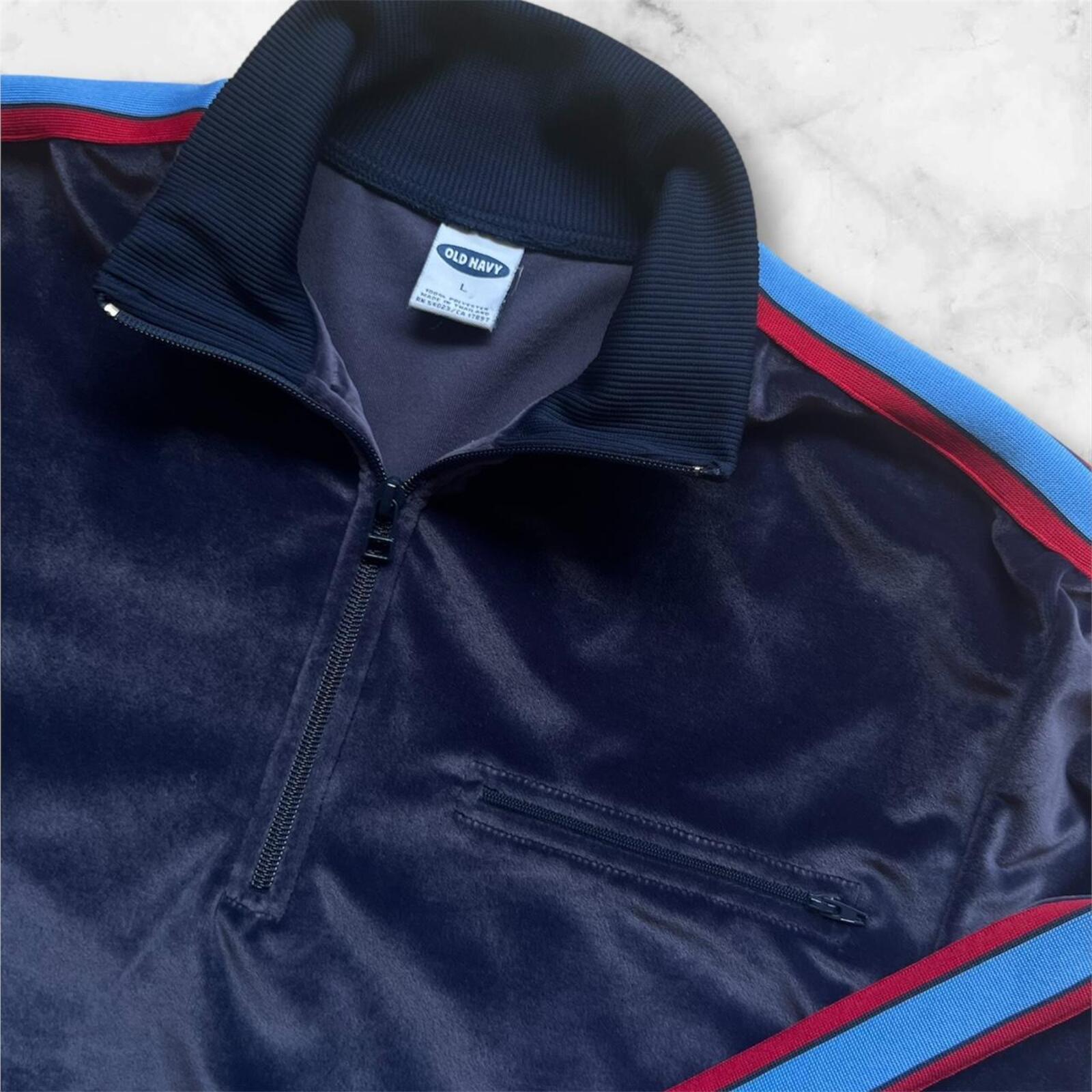 Vintage Old Navy Men’s Blue & Red Striped Felt Like Track Jacket Y2K Large
