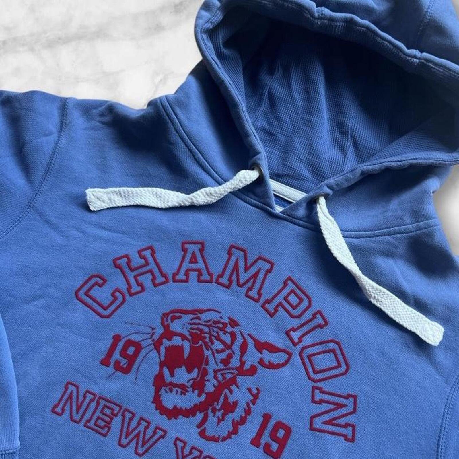 Vintage Champion Athletic Men’s Blue & Red Felt Streetwear Tiger Hoodie 2XL