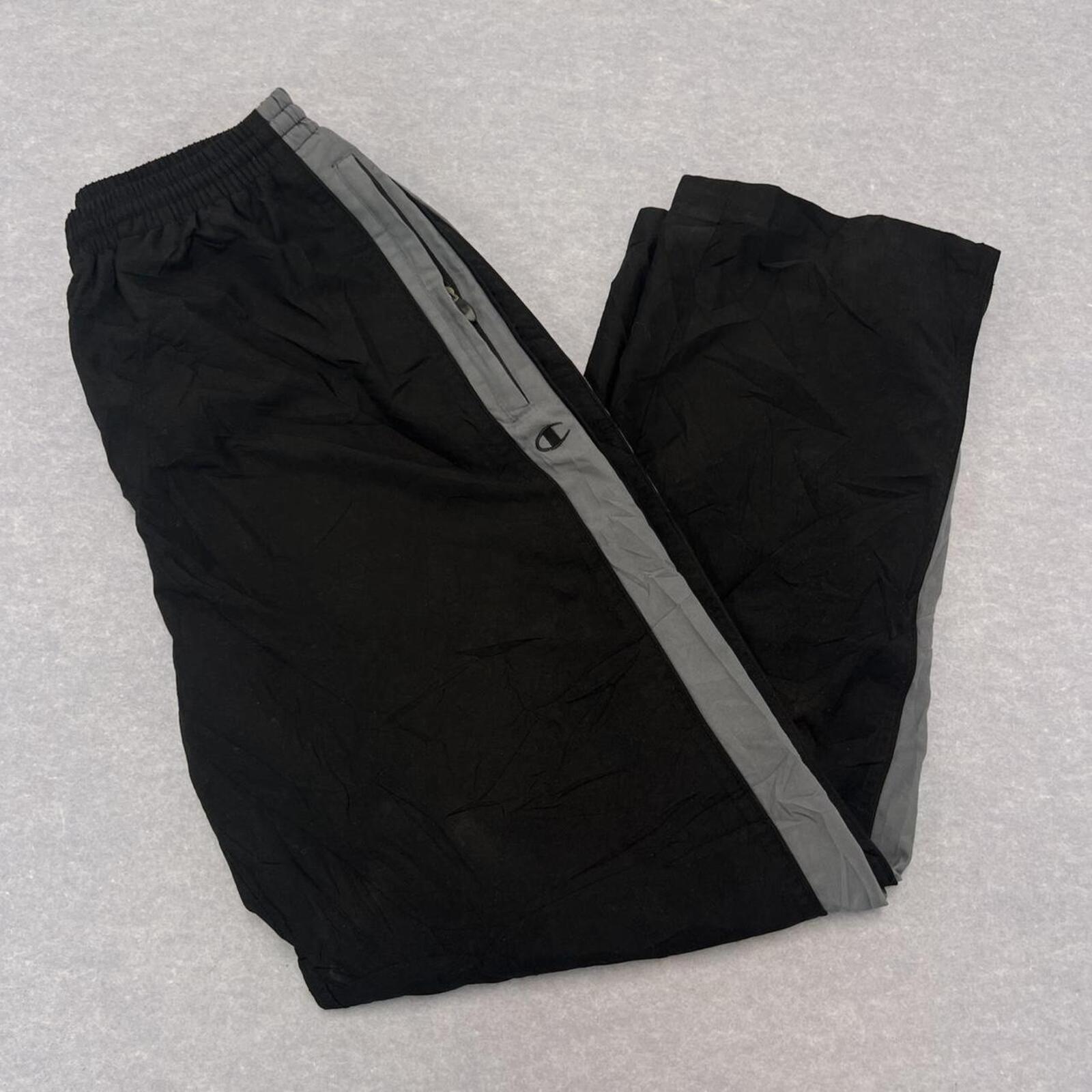 Vintage 90’s Champion Men's Black & Grey Side Stripe Baggy Track Pants Medium